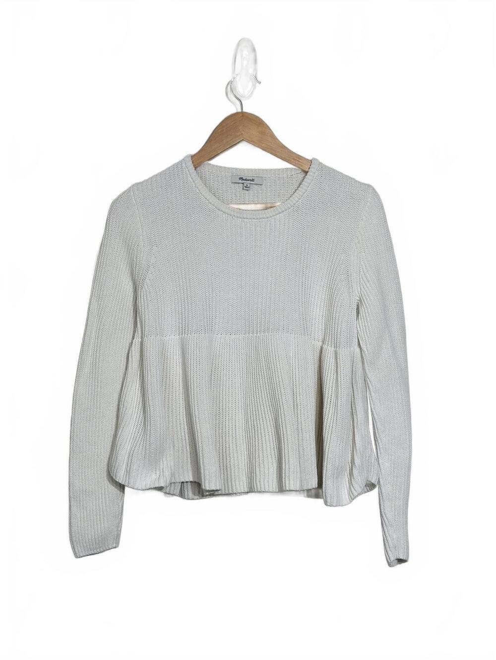Madewell M Swingy Ribbed Romantic Peplum White Cotton Knit Sweater Twee Cottage